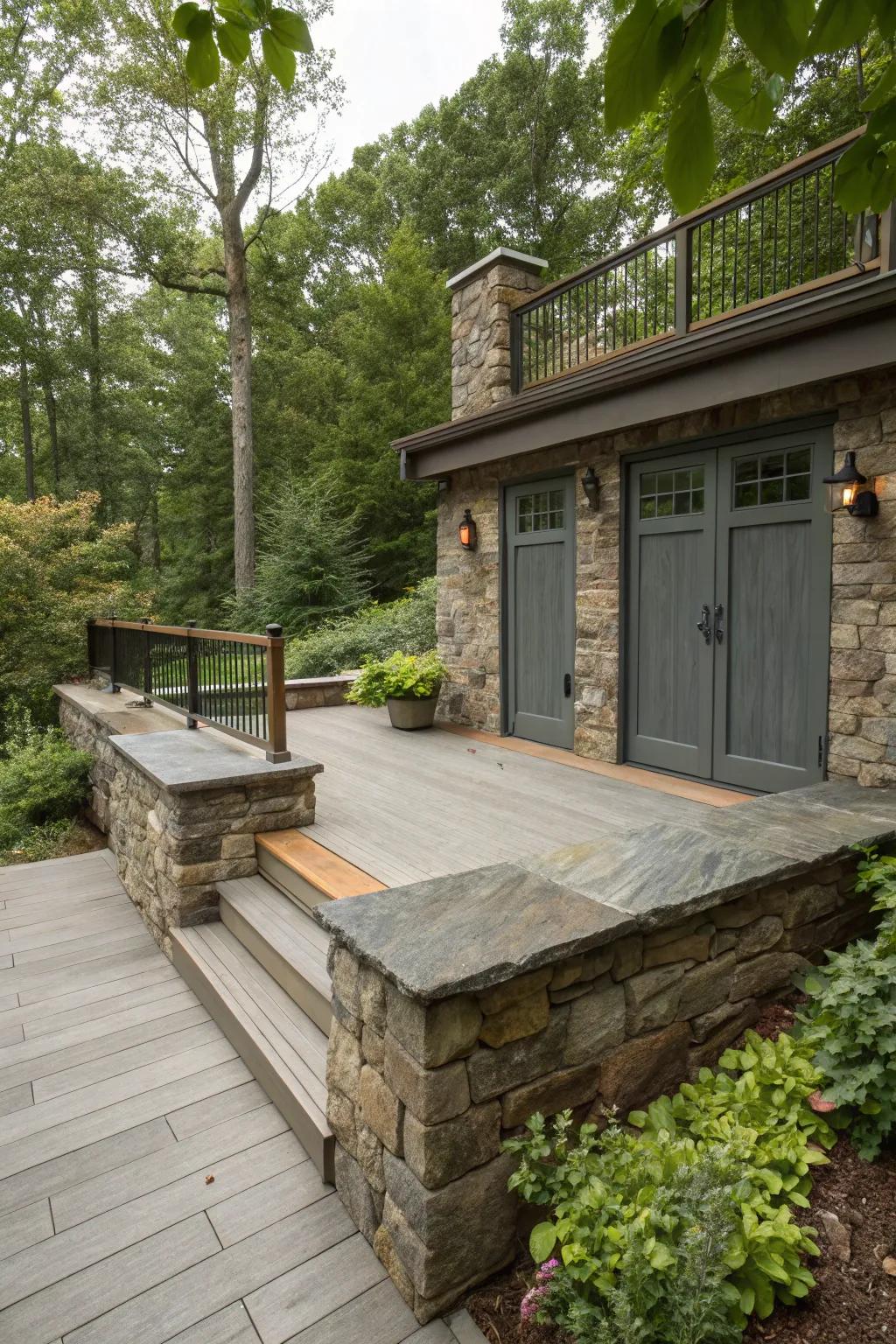 Stone skirting featuring hidden access doors for storage.