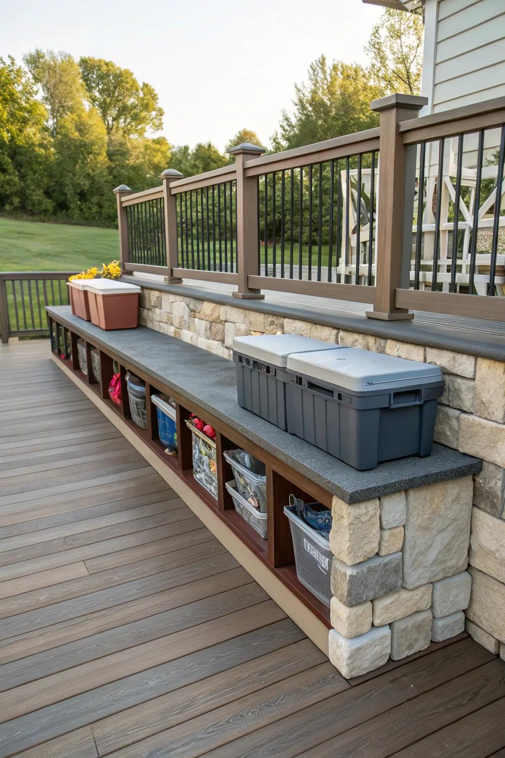 Stone skirting concealing smart and tidy storage solutions.