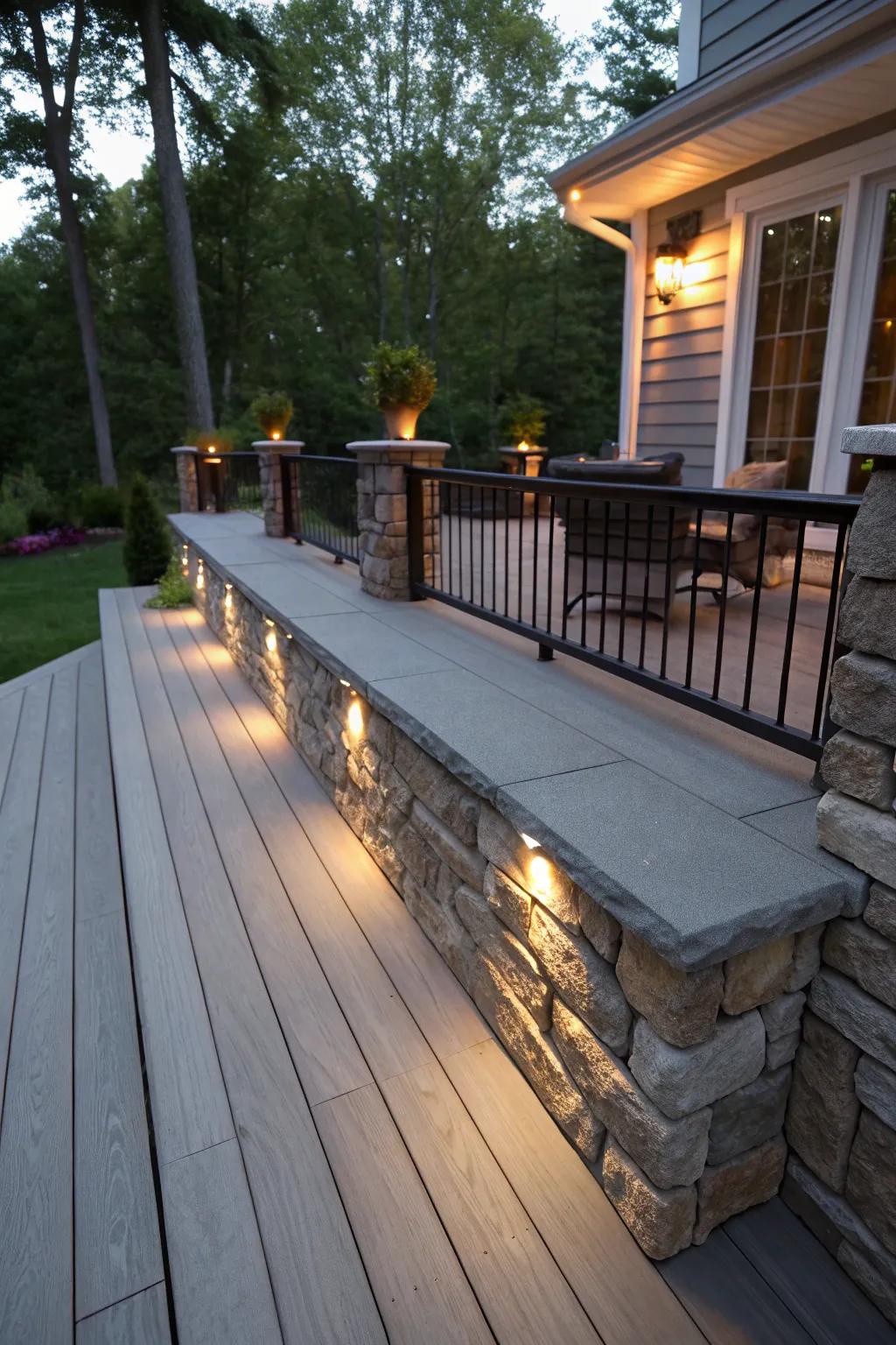 Stone deck skirting enhanced with built-in lighting creating a cozy glow.