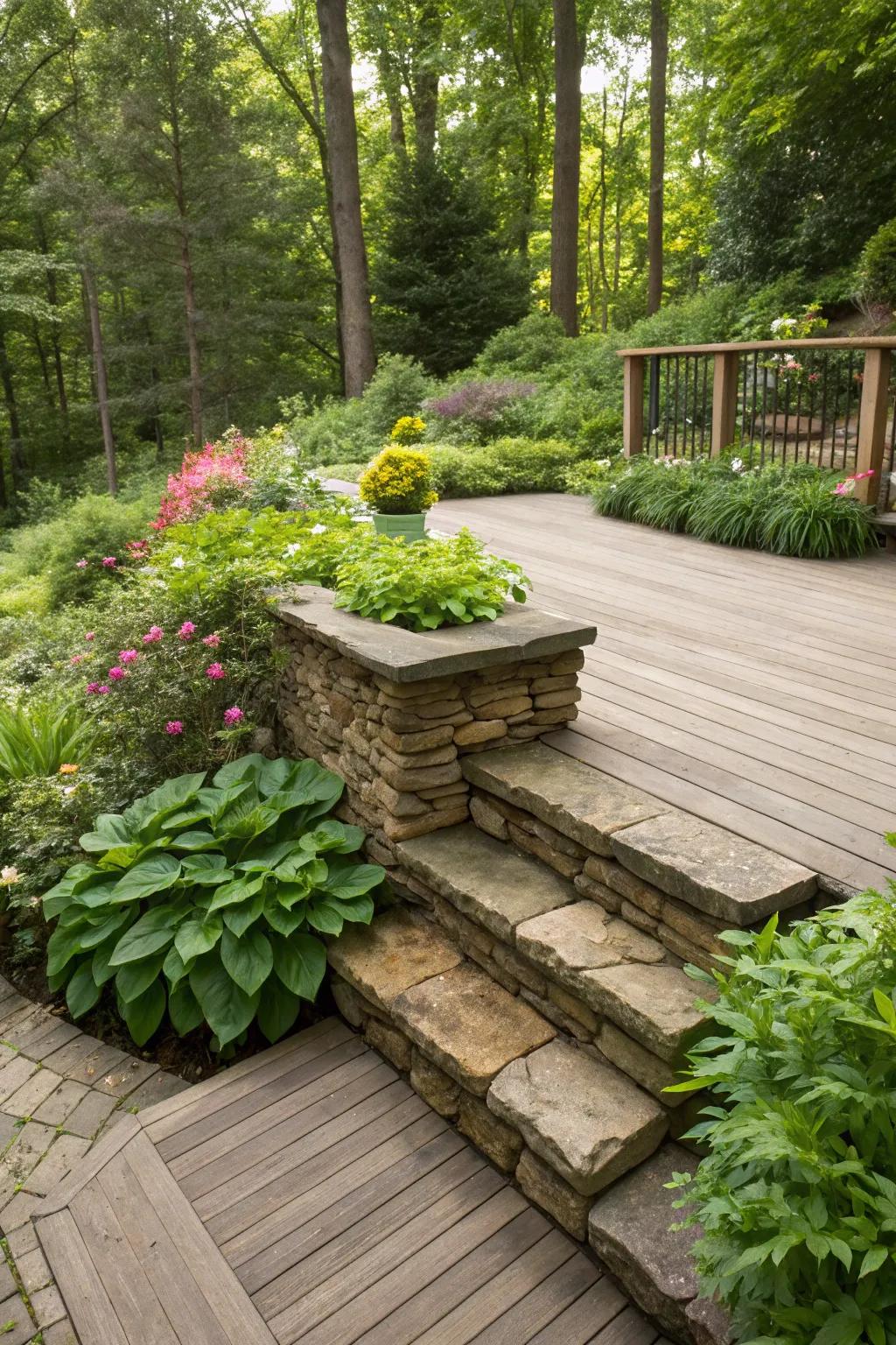 Deck framed with classic stacked stone skirting amid lush greenery.