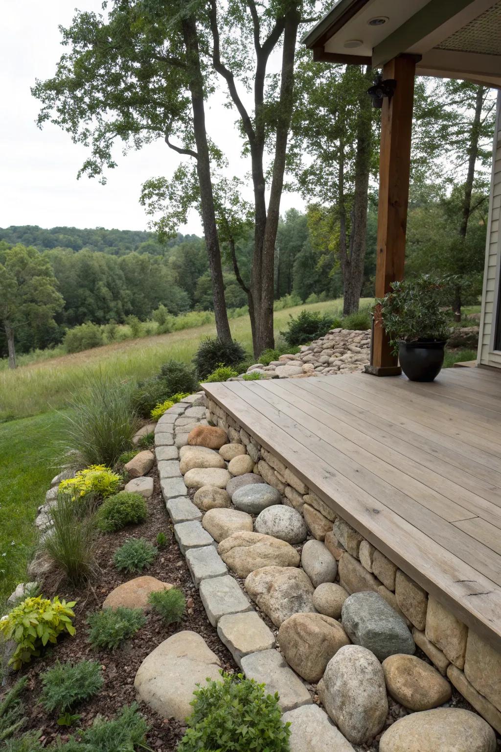 A serene deck blending natural stone skirting with the environment.