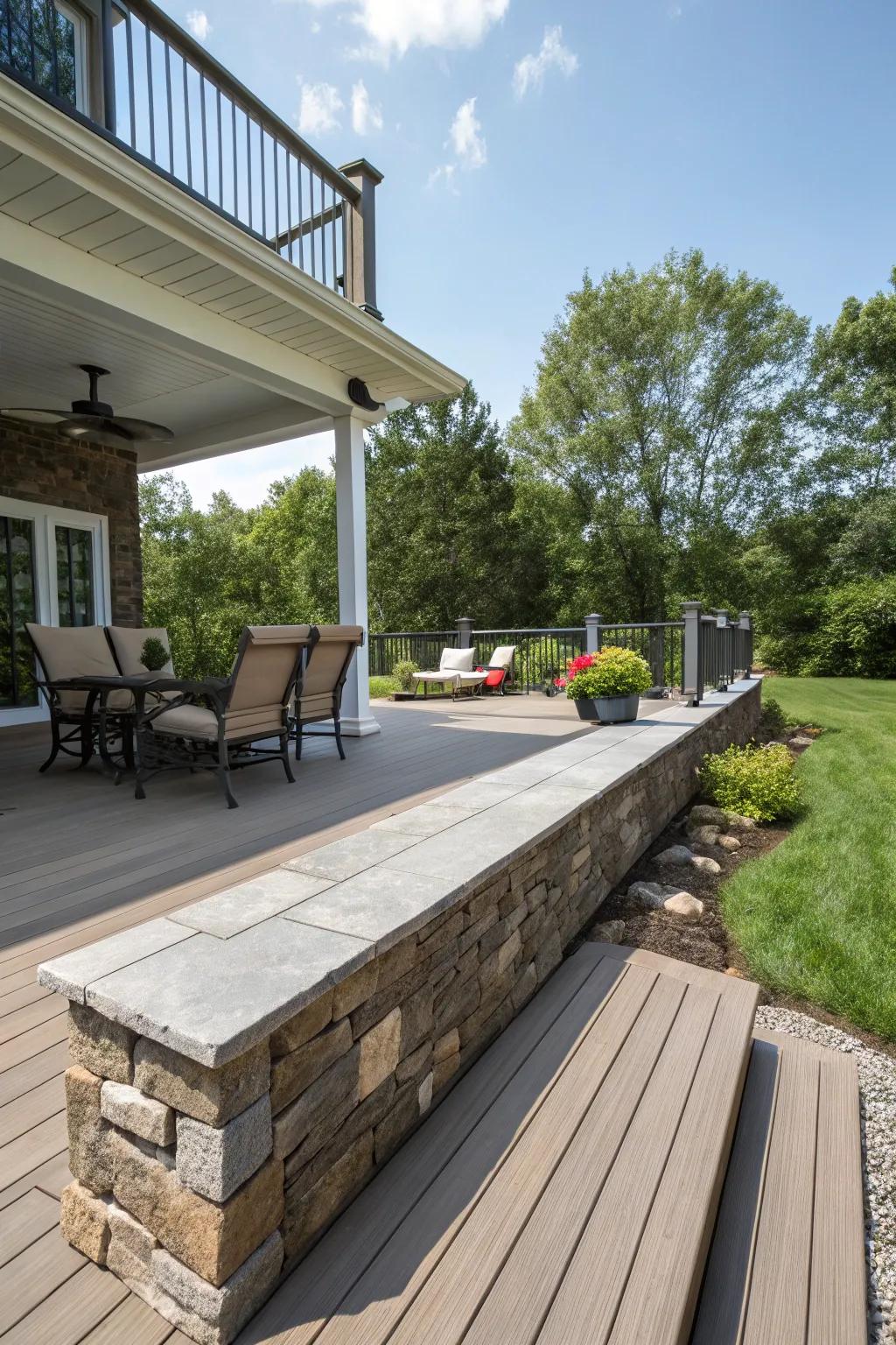 Durable, maintenance-friendly stone skirting maintaining its look.