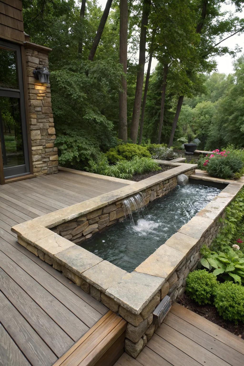 Deck featuring stone skirting with a peaceful water feature ambiance.
