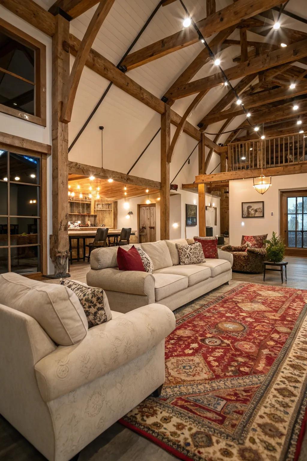 Comfort-focused furniture arrangements make large rooms feel inviting.