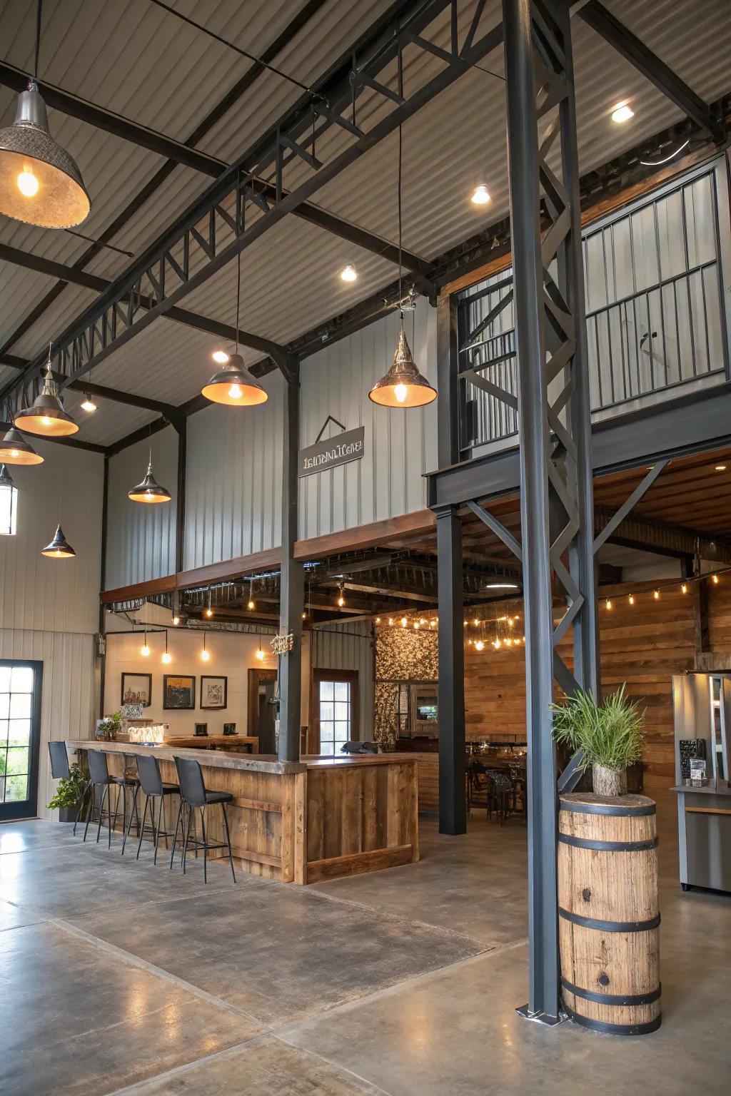 Industrial accents add a contemporary flair to rustic barndominium interiors.