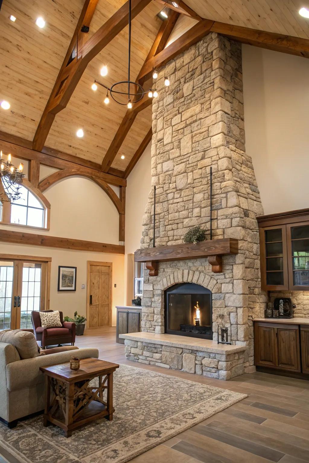 A majestic stone fireplace radiates warmth and serves as a room highlight.