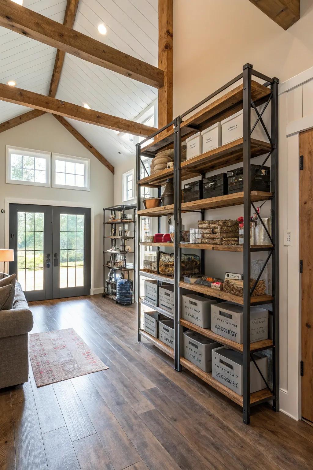 Tall shelving systems optimize space while keeping things neat.