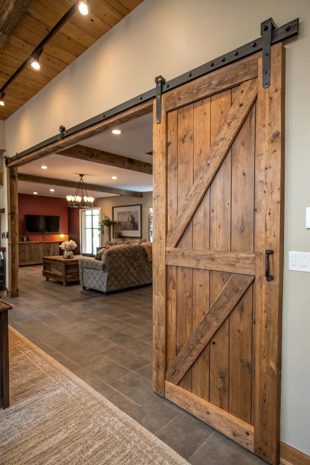 Barn sliding doors offer rustic appeal with practical space-saving benefits.