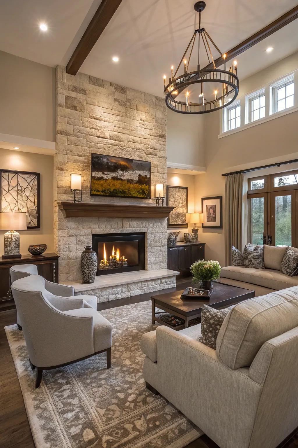 Family room centered around a stylish fireplace.