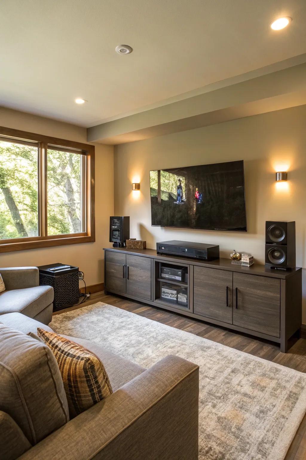 Modern family room with concealed tech appliances.