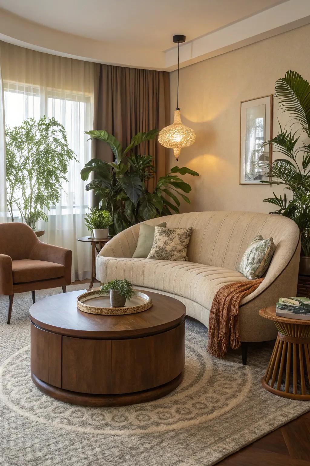 Family room softened by rounded furniture and lighting.