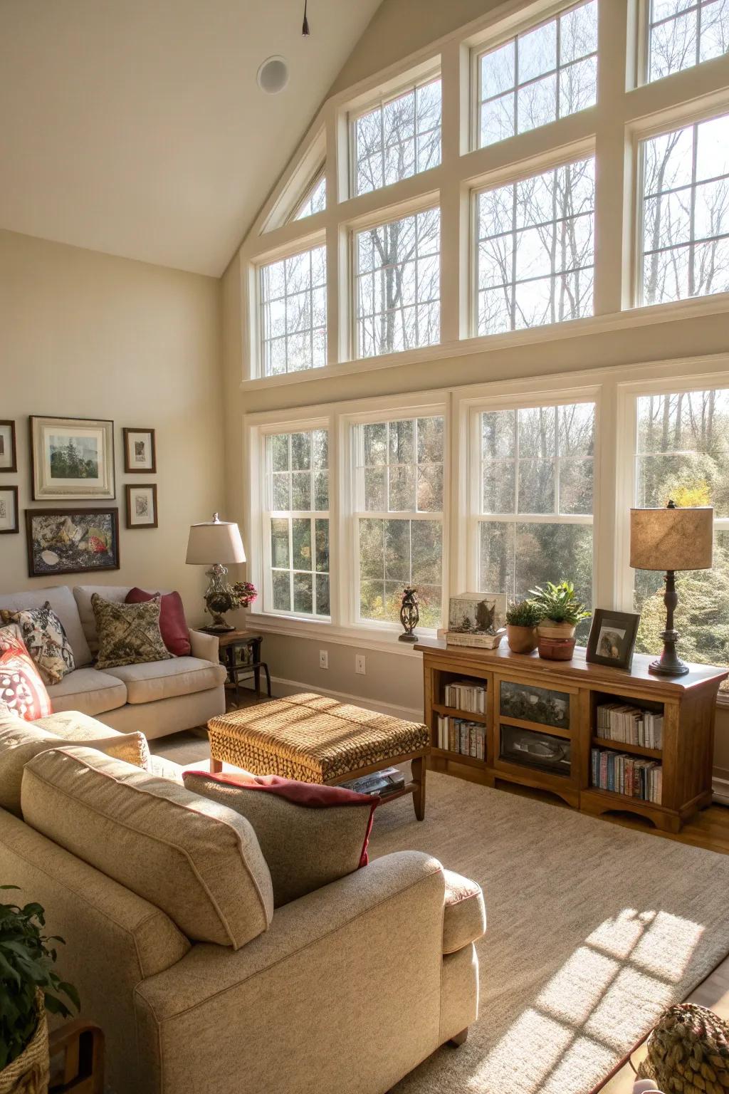 Sun-filled family room with large windows.