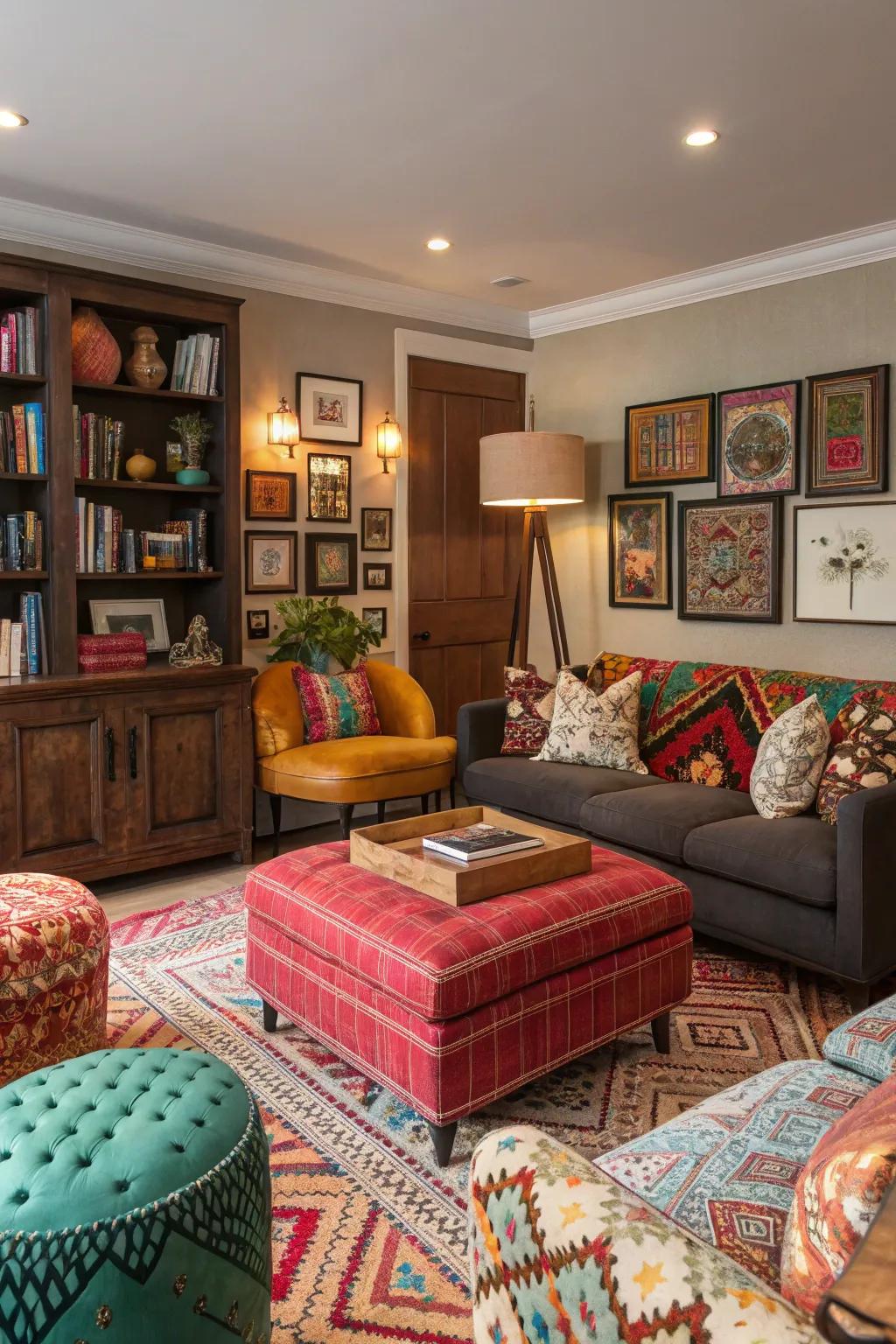 Vibrant family room featuring assorted styles and textures.