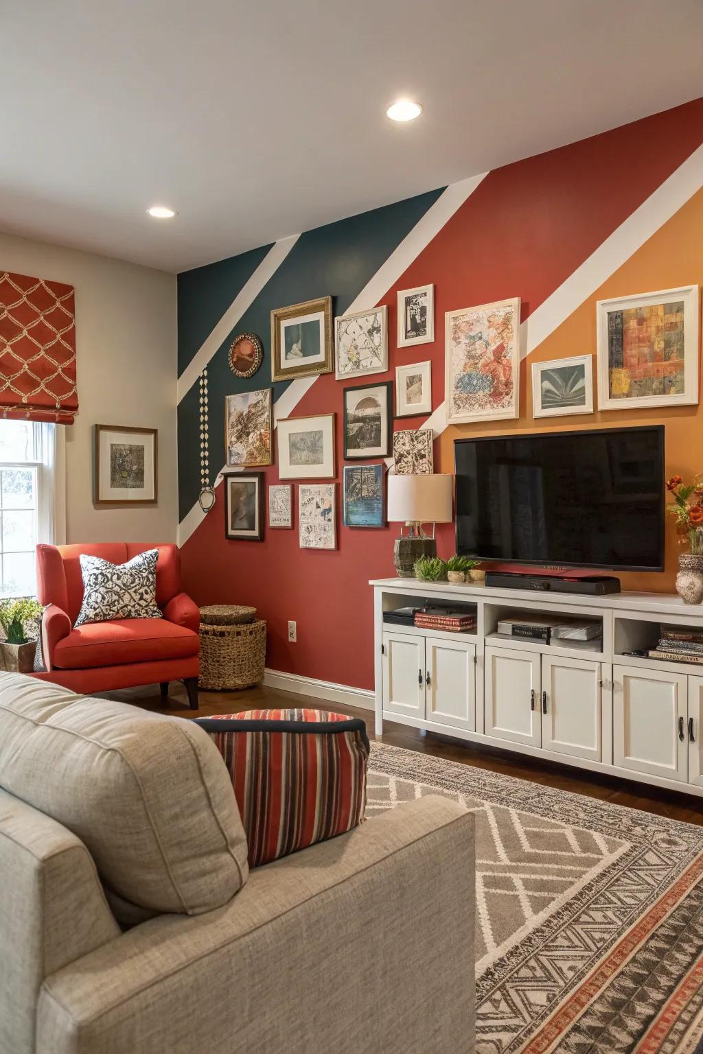 Family room with a bold, colorful accent wall.