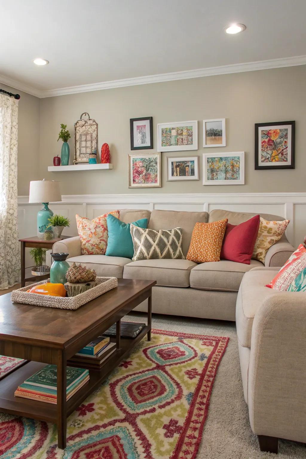 Family room enlivened by vivid accent pieces.