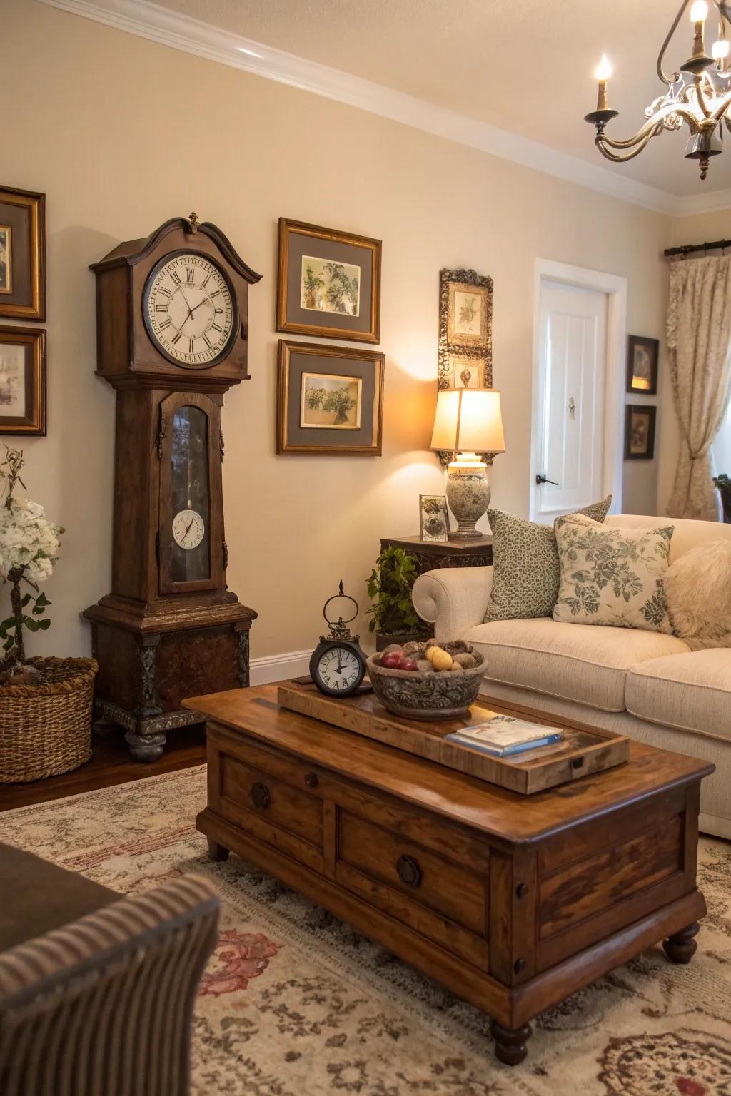 Family room adorned with charming vintage furniture.