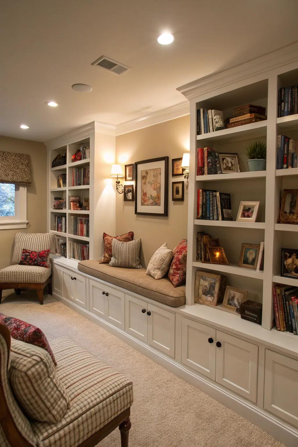 Family room corner transformed into an inviting mini library.