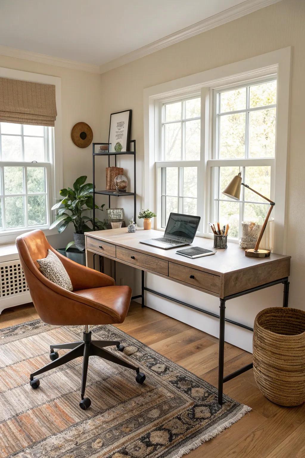 Compact and stylish work-from-home nook within family room.