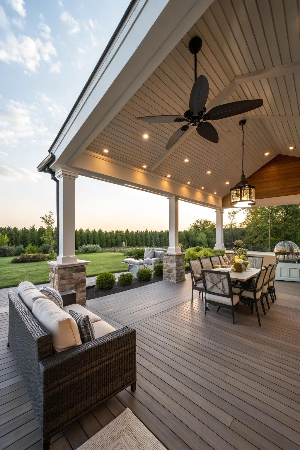 Luxurious pavilion-style covered deck with ceiling fan