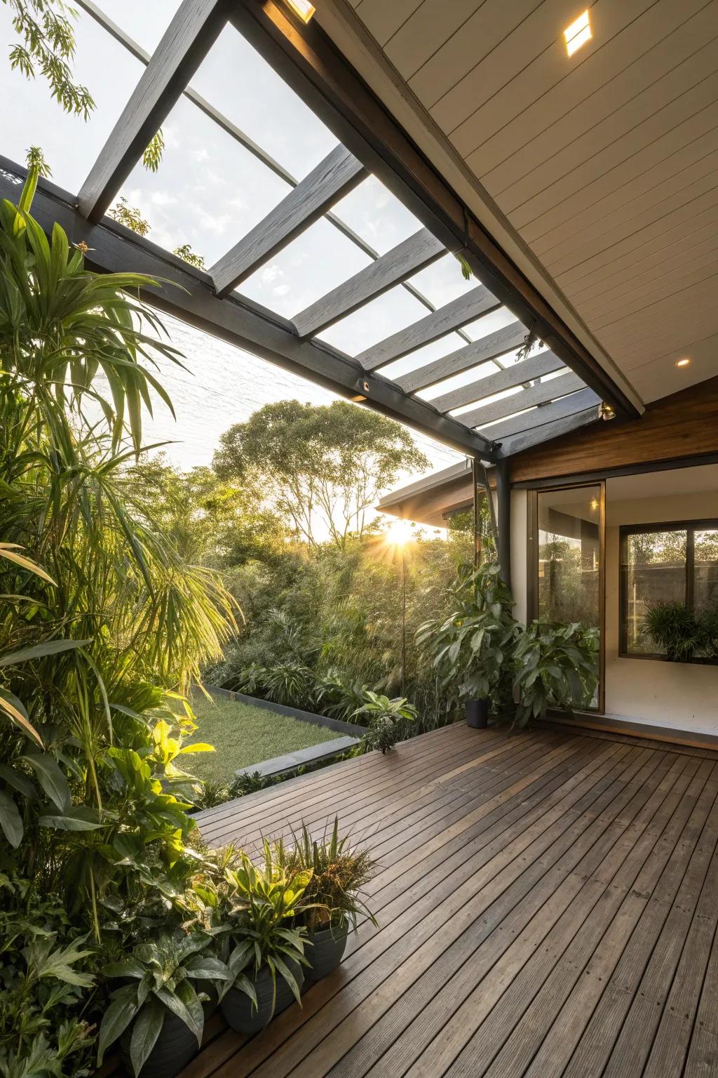 Covered deck with wooden roof and integrated skylights