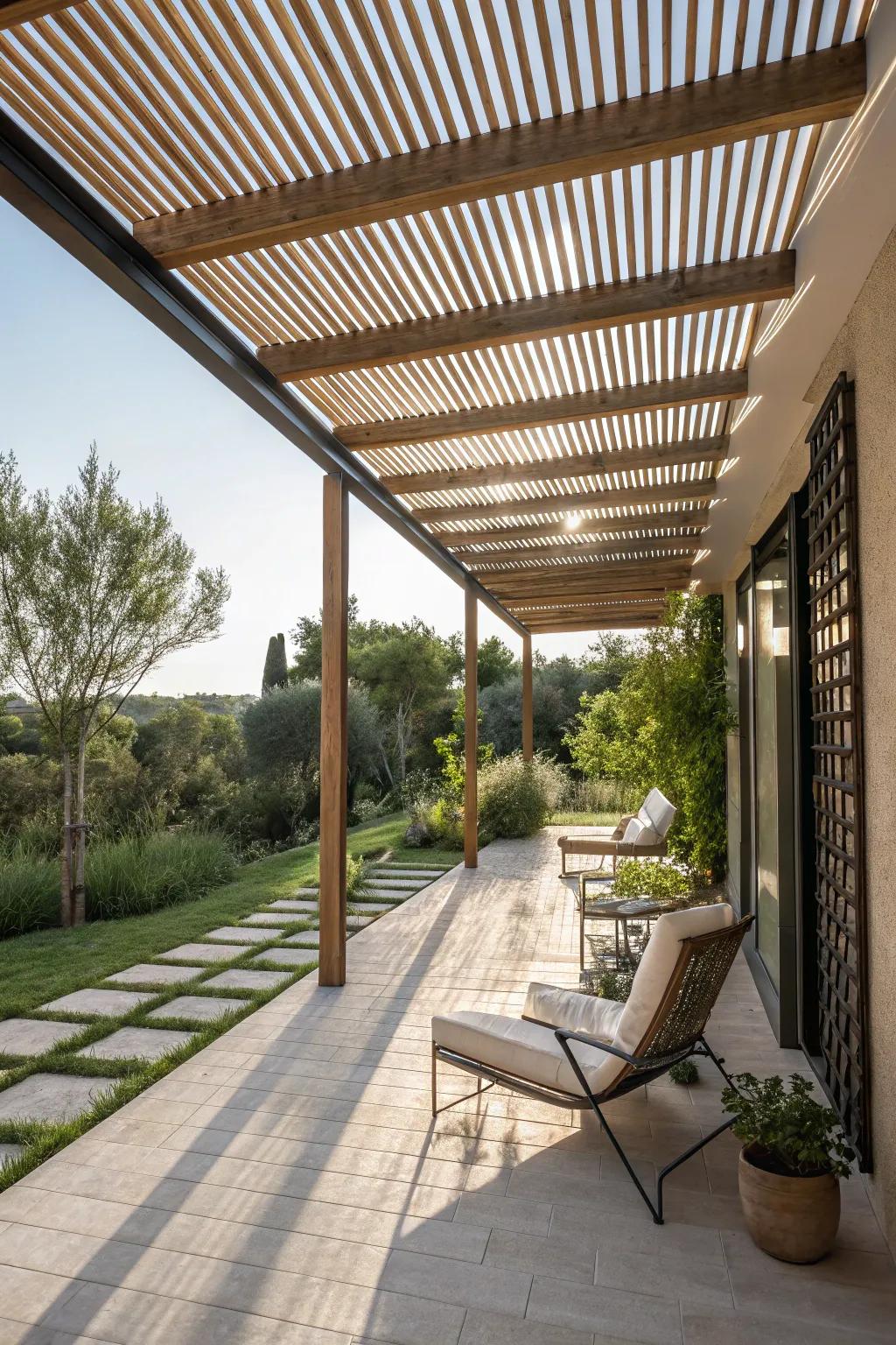 Modern narrow slat pergola providing partial shade