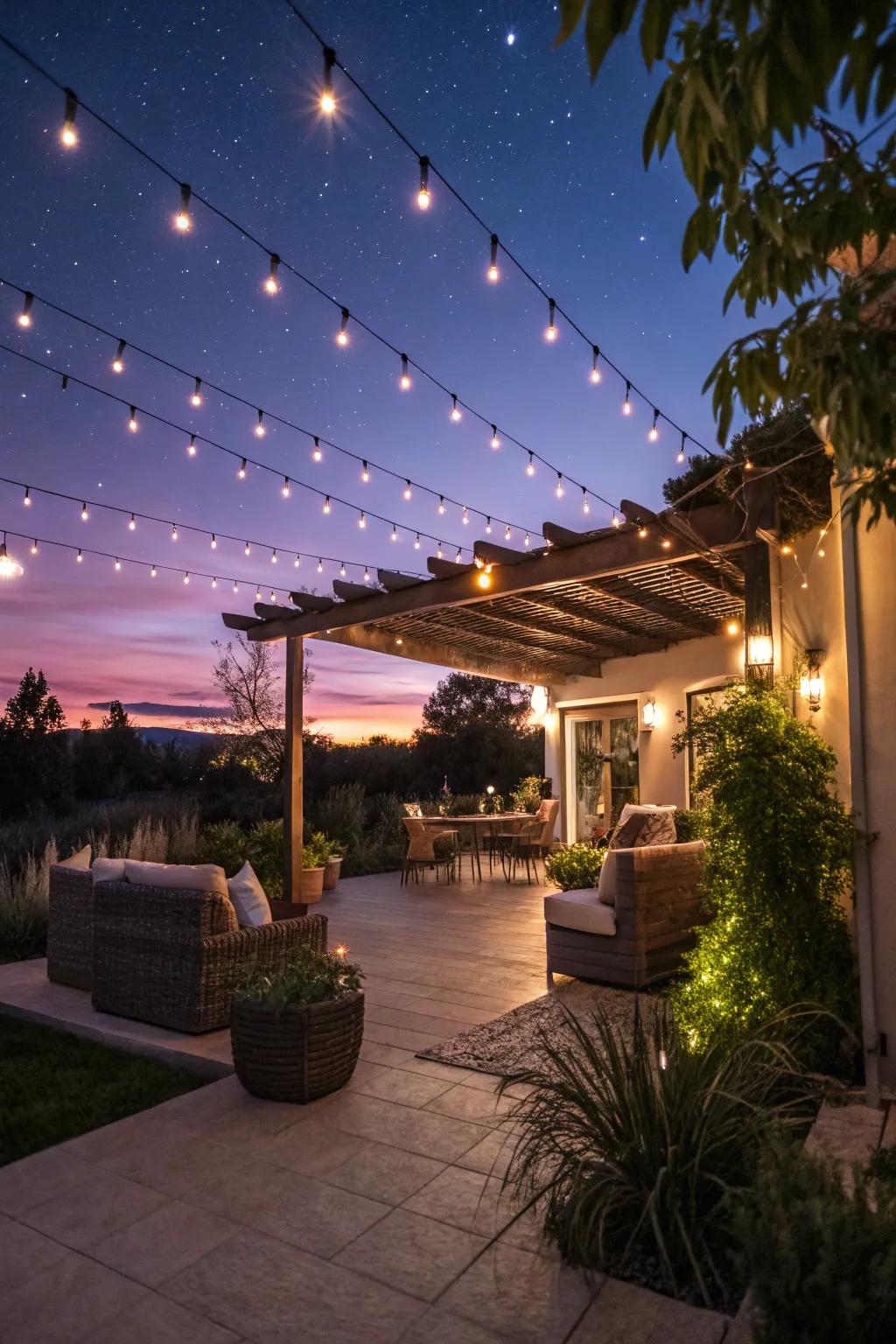 String lights creating cozy atmosphere on a patio