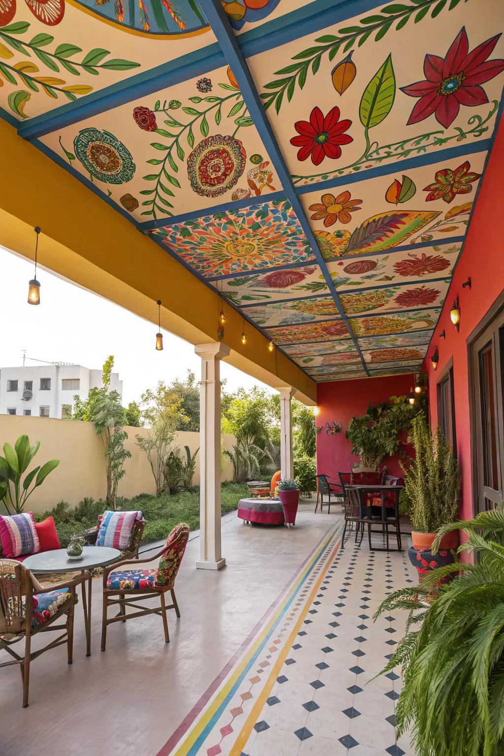 Patio with a brightly painted ceiling that adds character