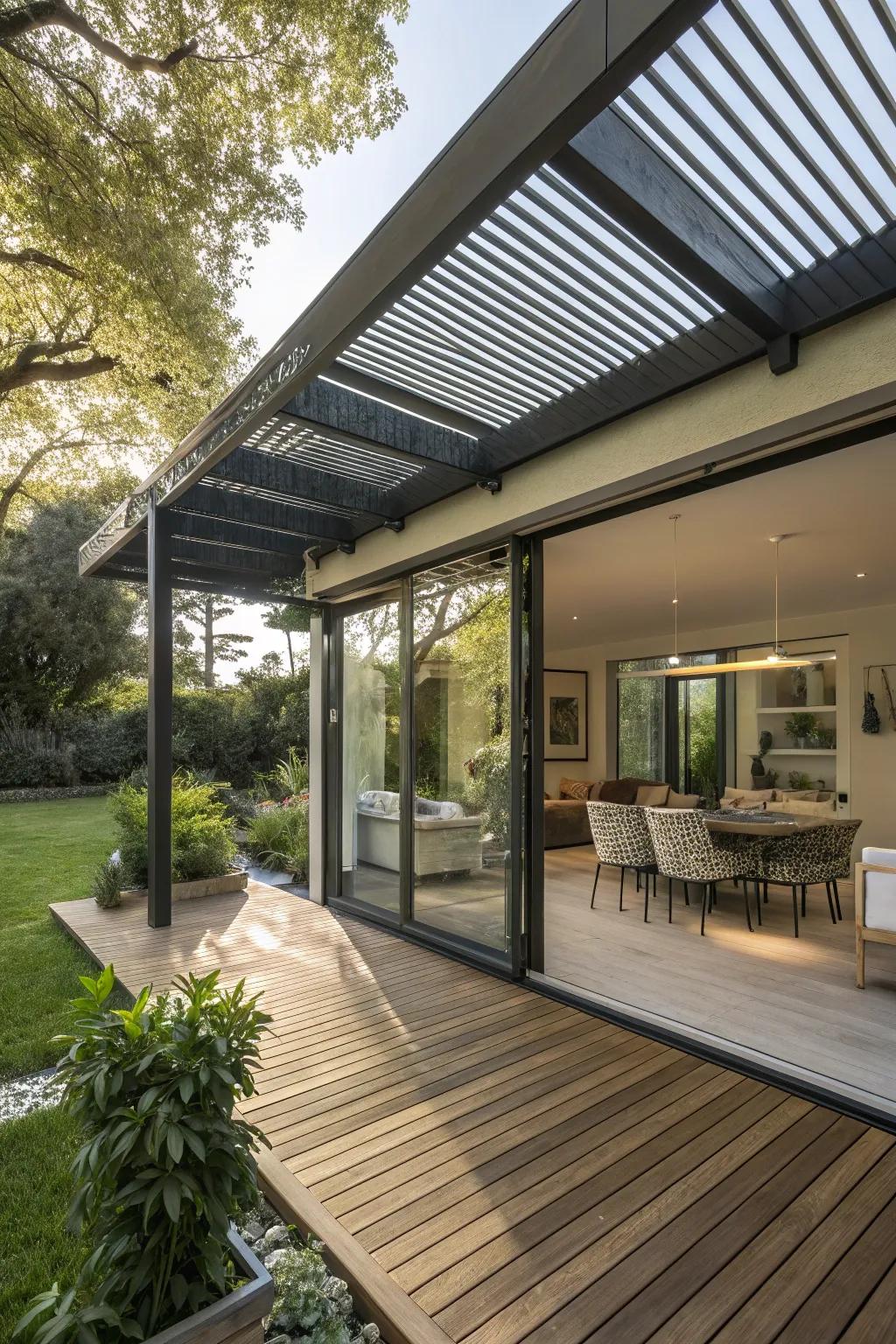 A half pergola attached to a house providing partial shade