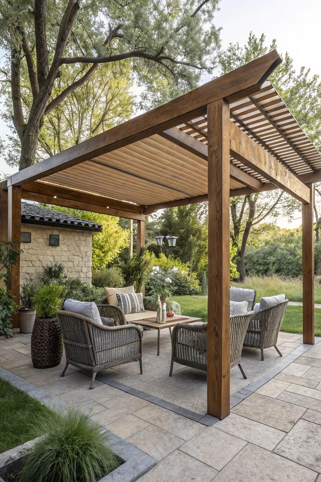 Slat wood pergola blending style with natural surroundings