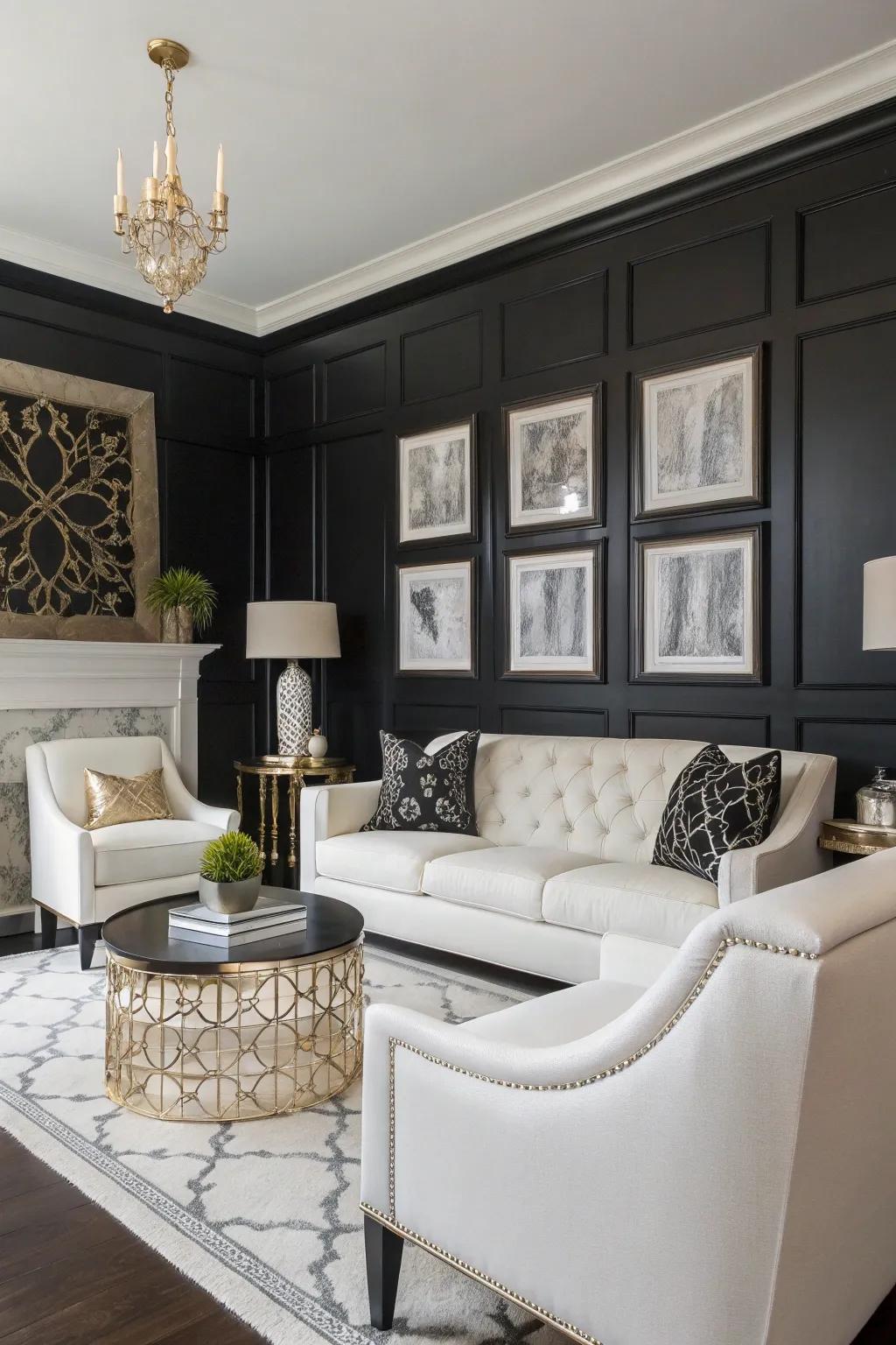Black accent wall for striking contrast.