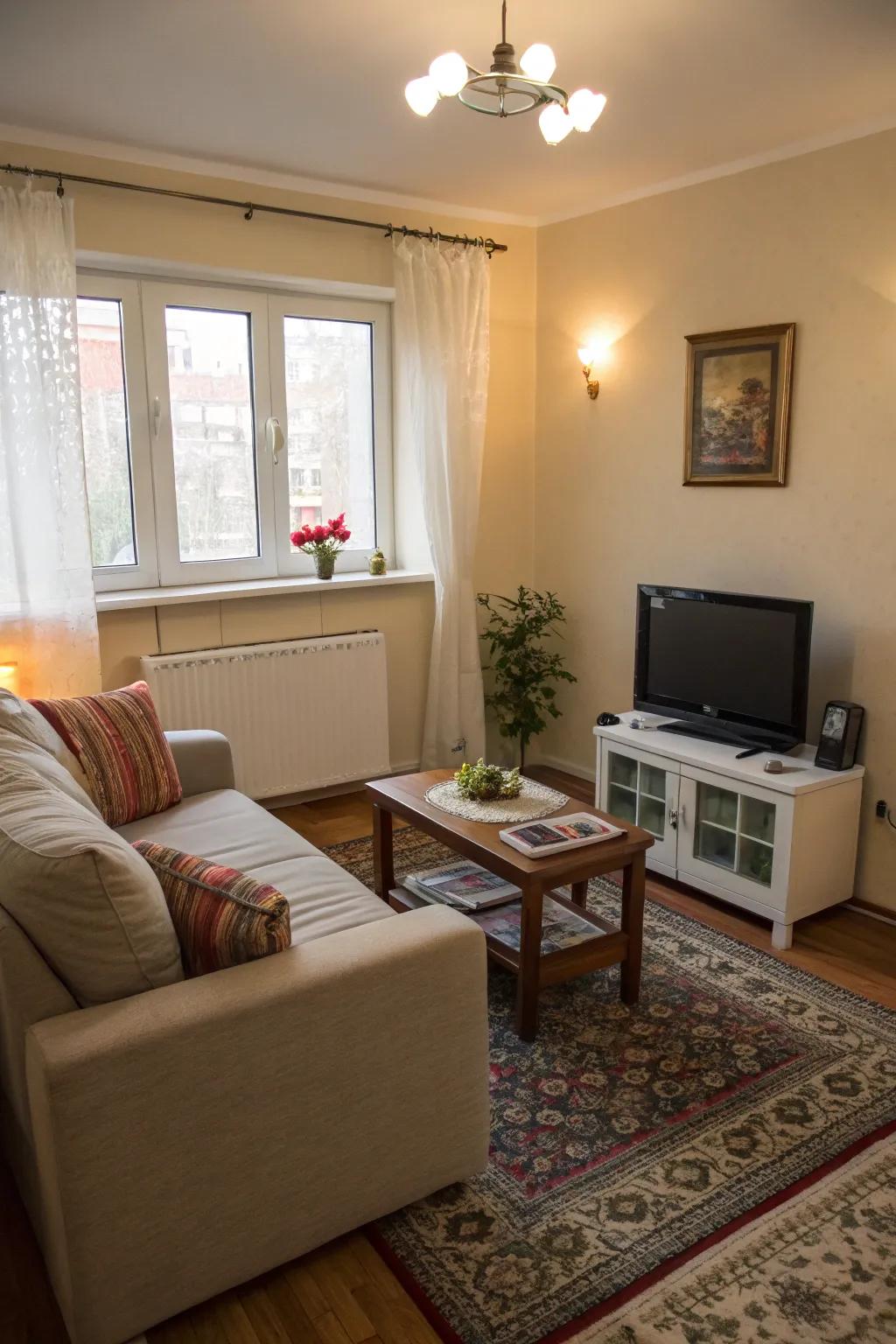 Small-scale furniture balances comfort with spatial efficiency.