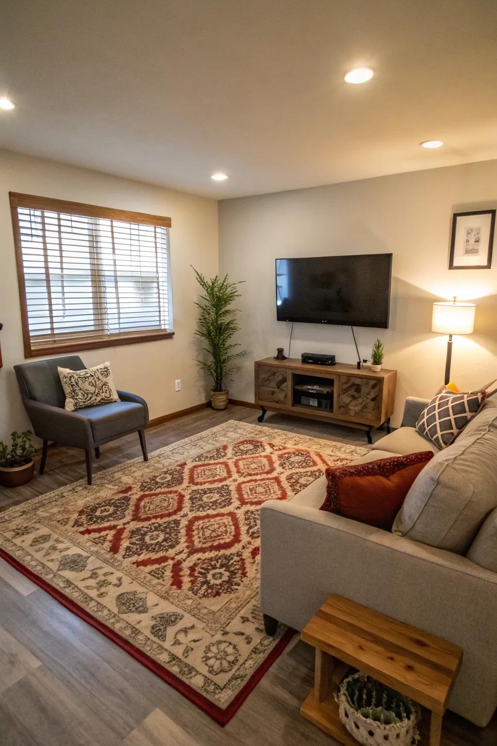 Area rugs demarcate living spaces while introducing texture and color.