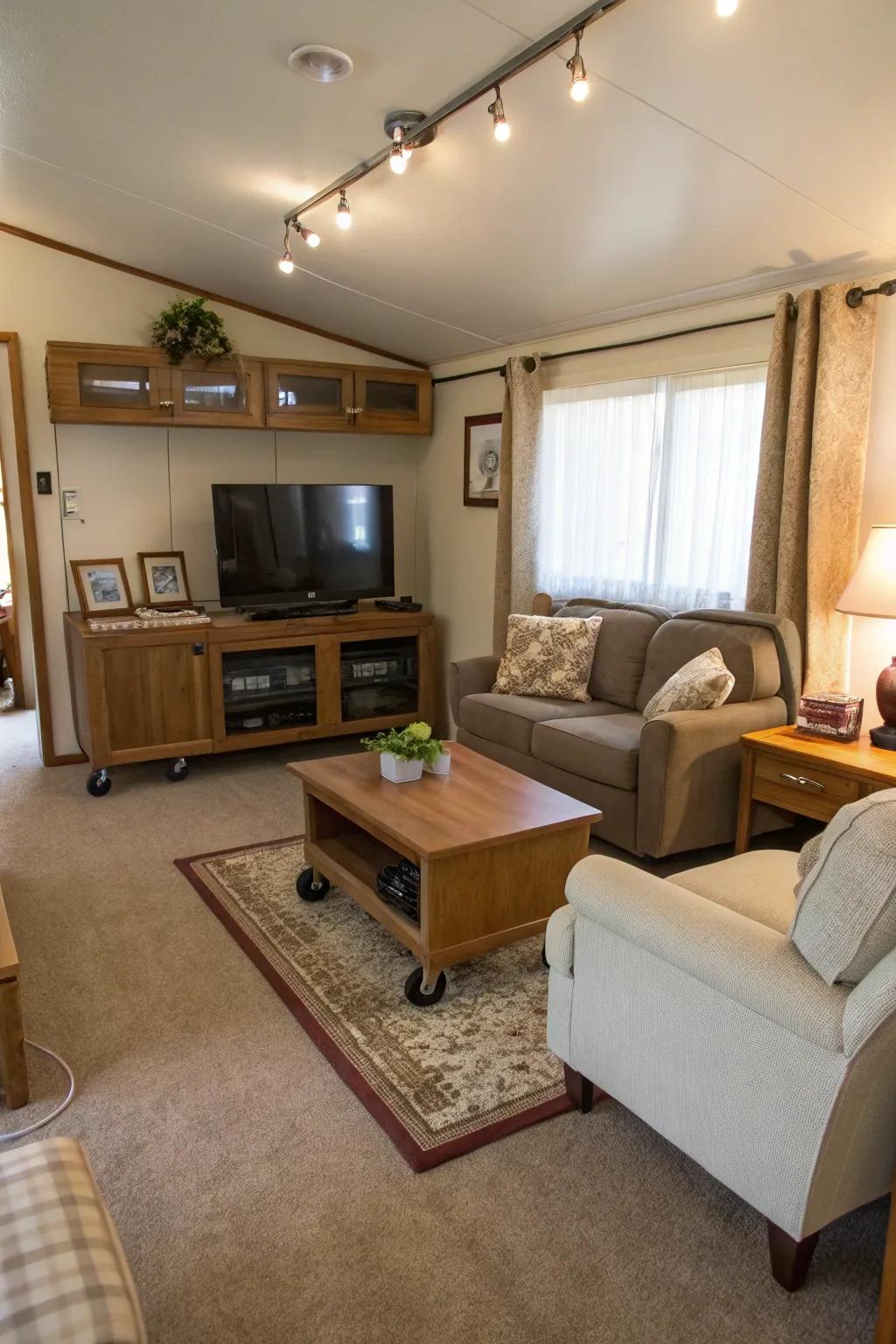 Furniture on casters grants easy rearrangement and space optimization.