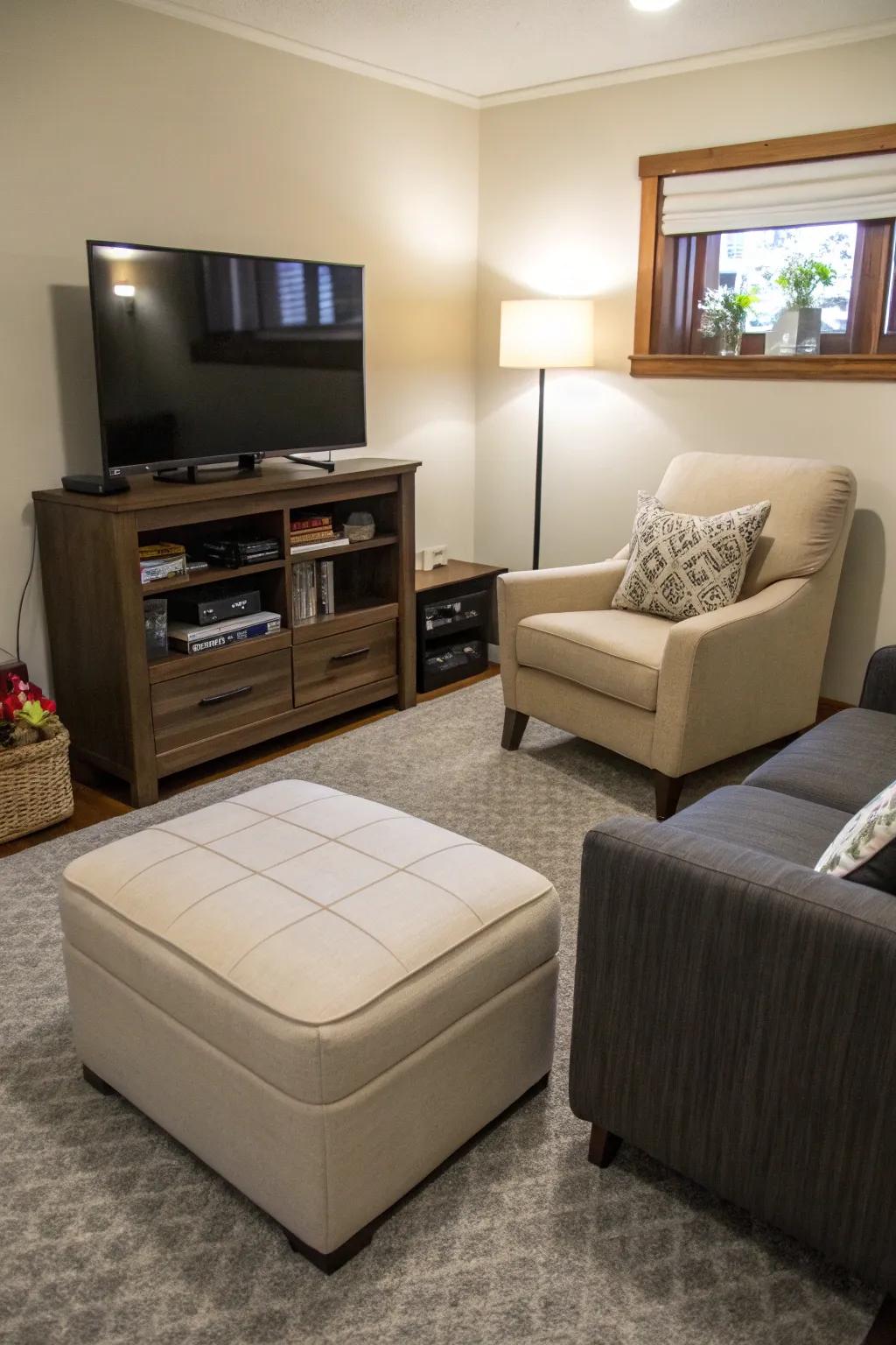 Furniture serving dual purposes maximizes functionality in tight spaces.