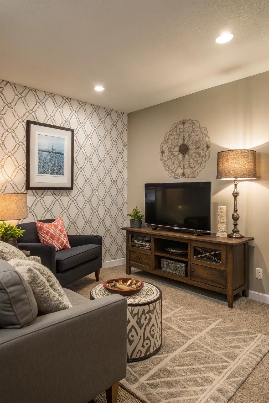 A statement wall draws attention and enhances the entertainment area.