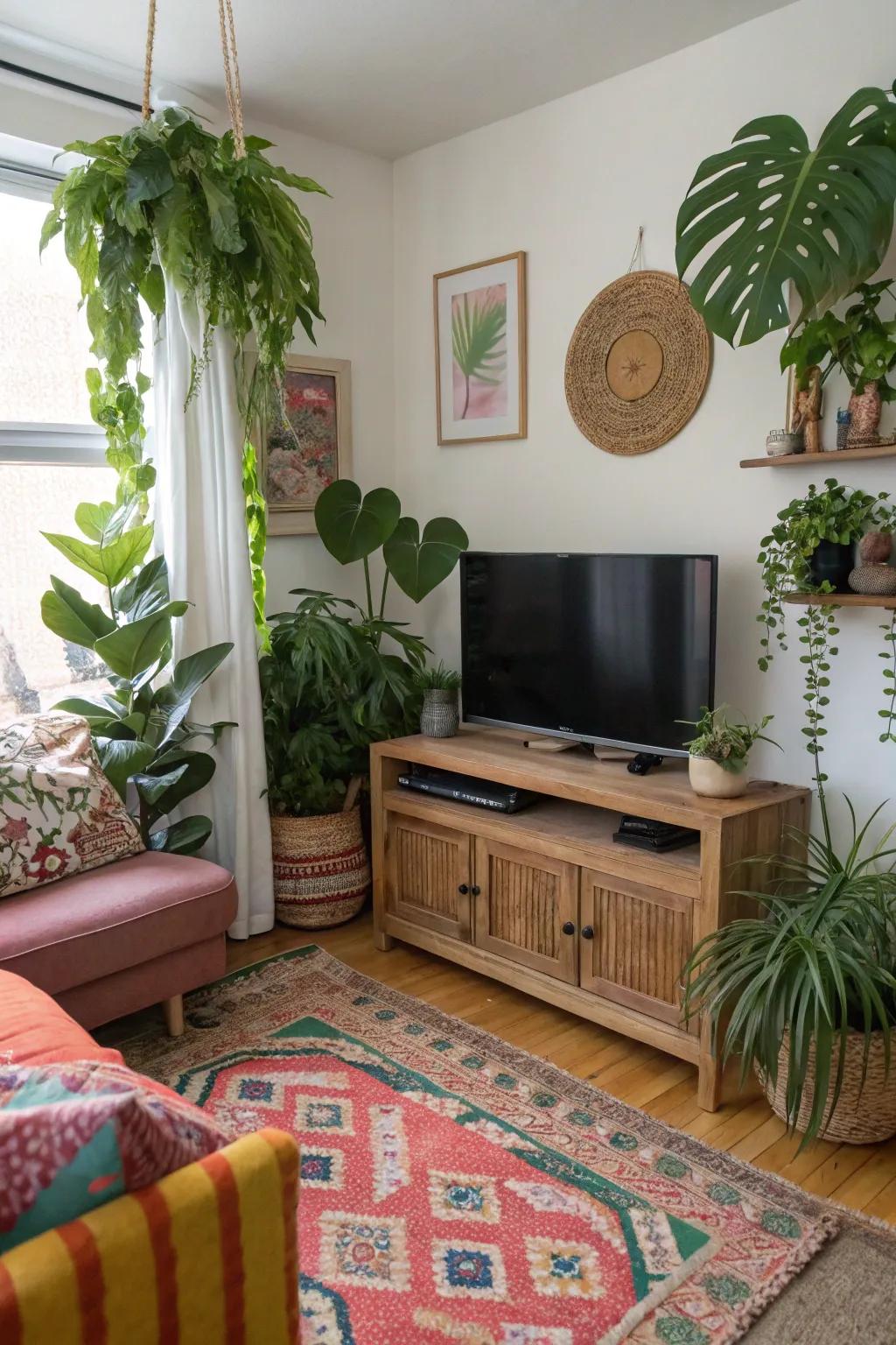 Plants introduce color and serenity, enlivening a small living room.