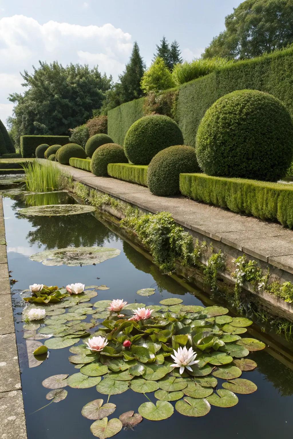 Create a tranquil retreat with topiary and water.