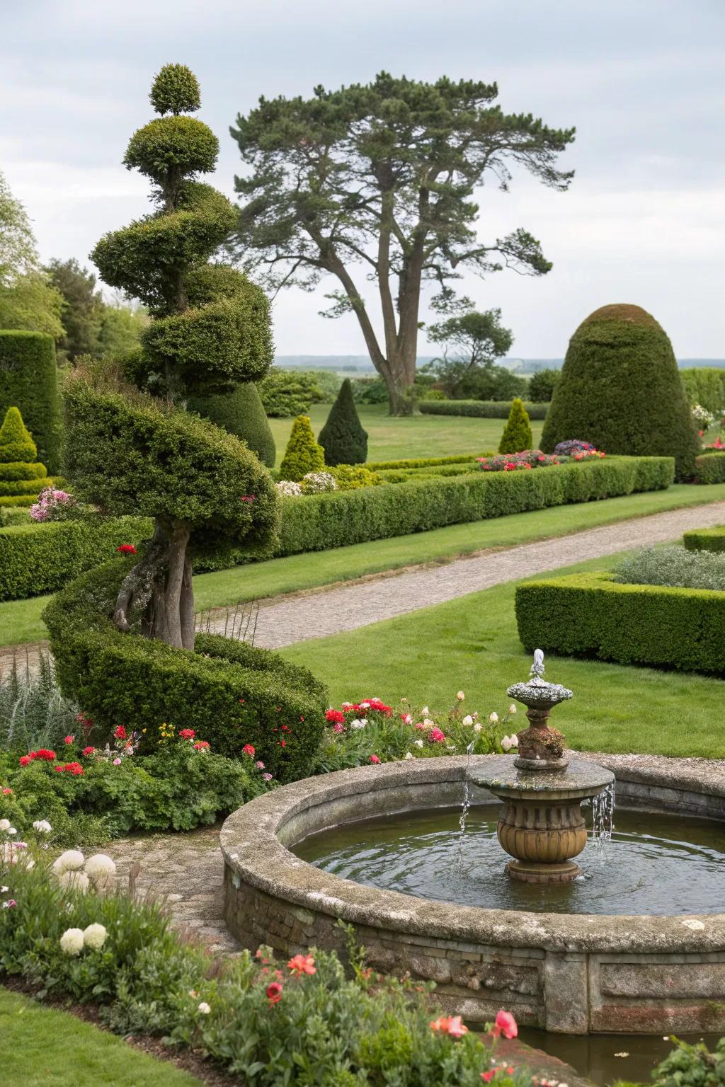 Create harmony with topiary and water features.