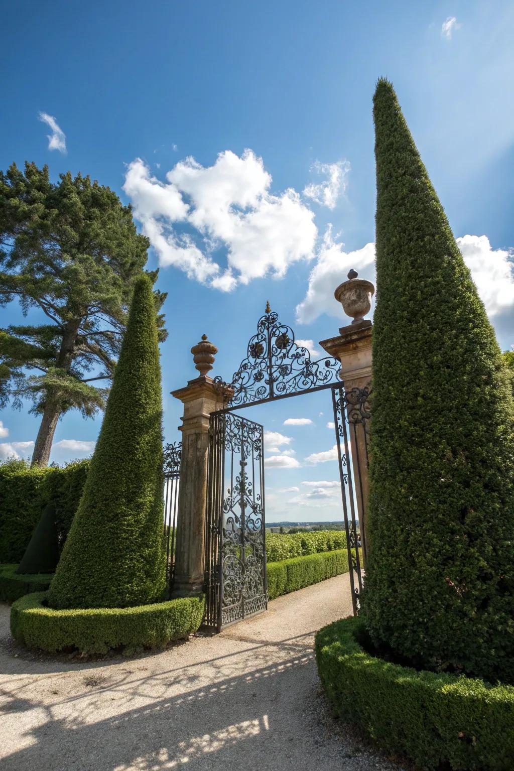 Add stately presence with topiary columns.