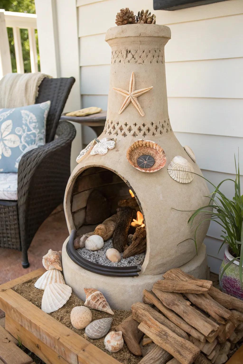 Styled themed decor around a chiminea.