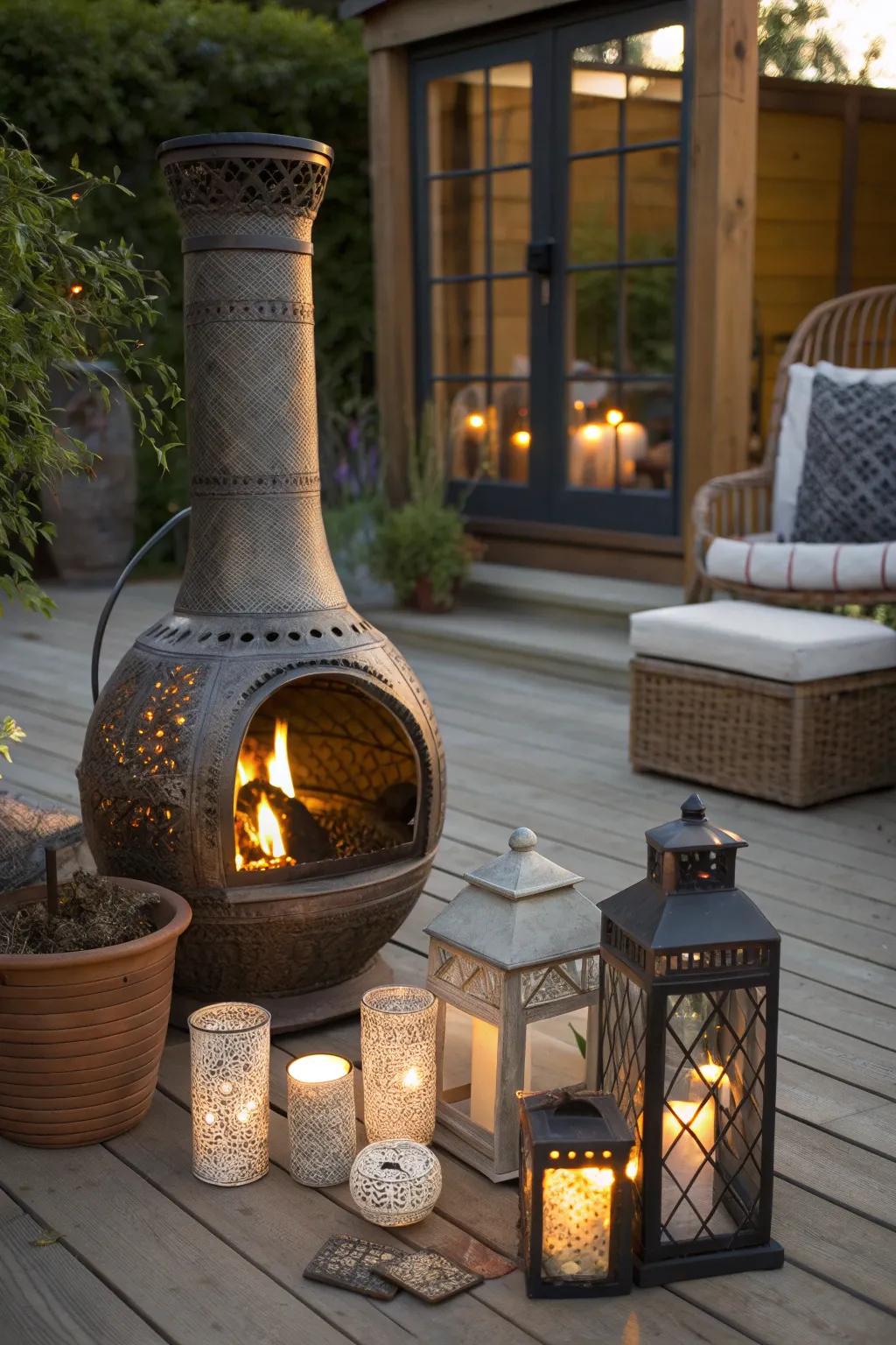 Lanterns enhancing chiminea ambiance.