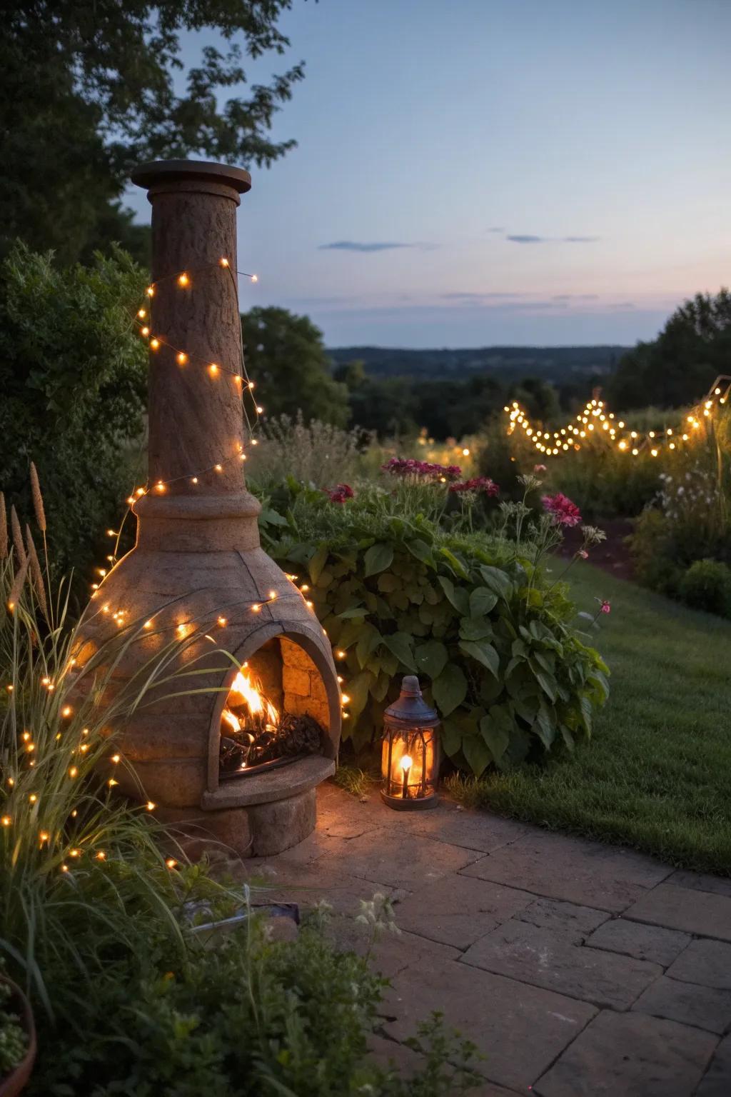 String lights creating a magical vibe around a chiminea.