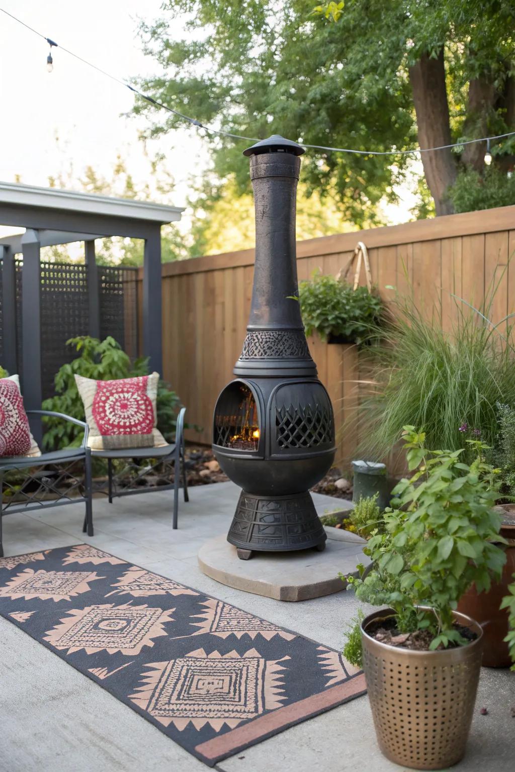 An elegant outdoor rug defining the chiminea area.
