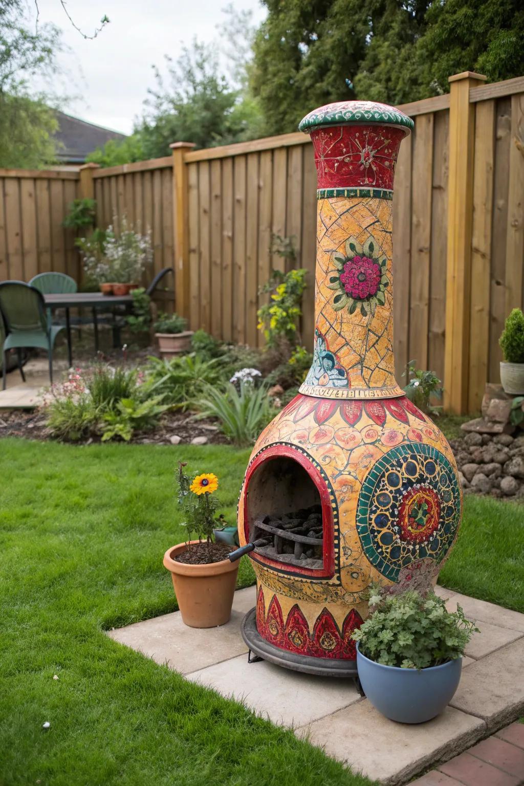 A colorful chiminea as a garden centerpiece.