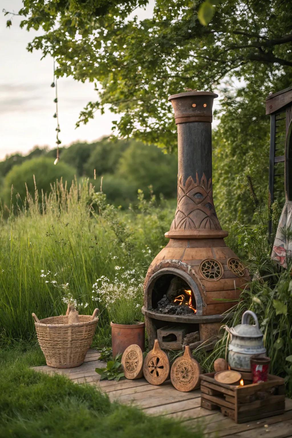 Earth-toned decor around a chiminea creating cohesion.