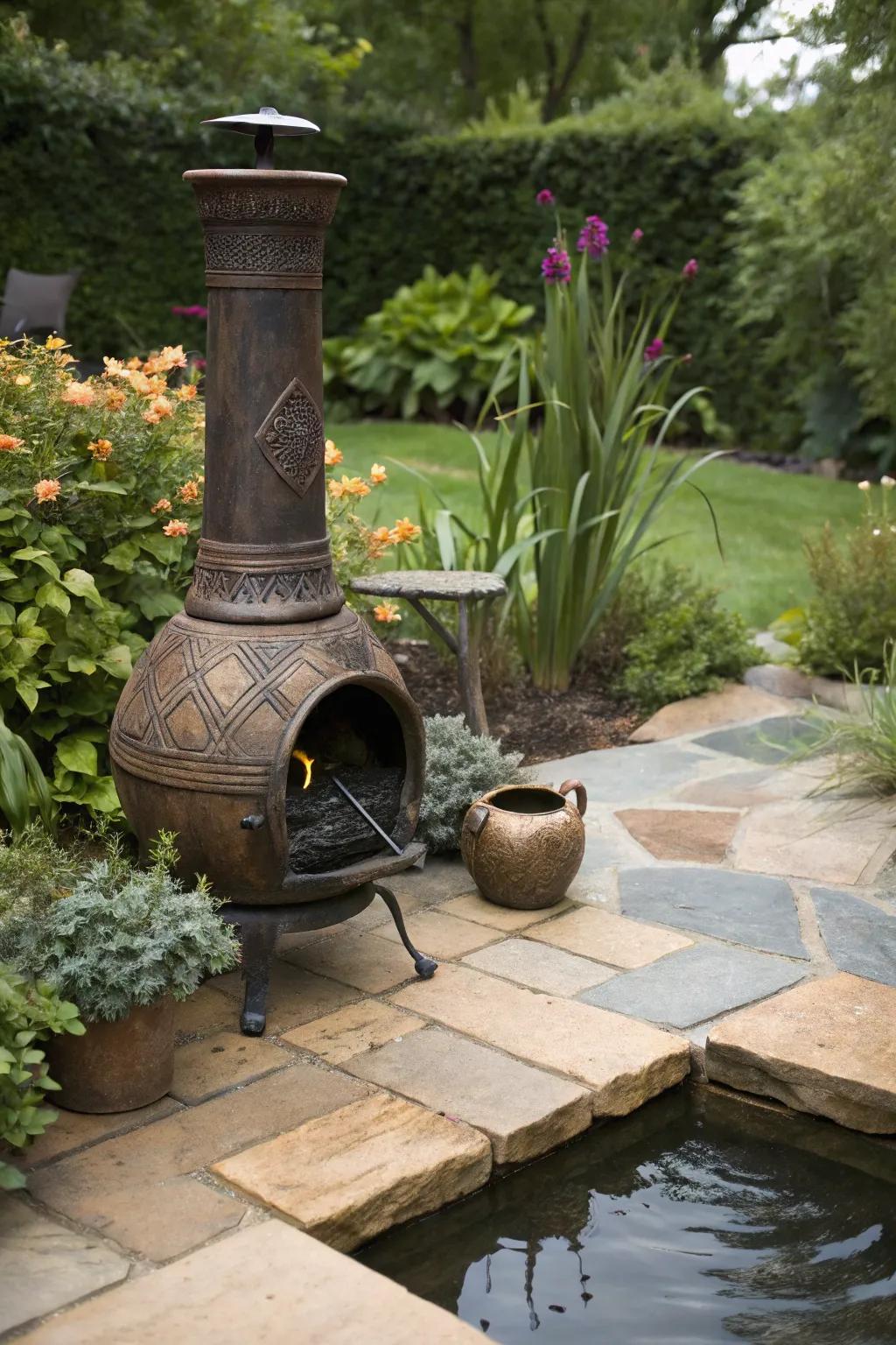 A calming garden oasis around a chiminea.