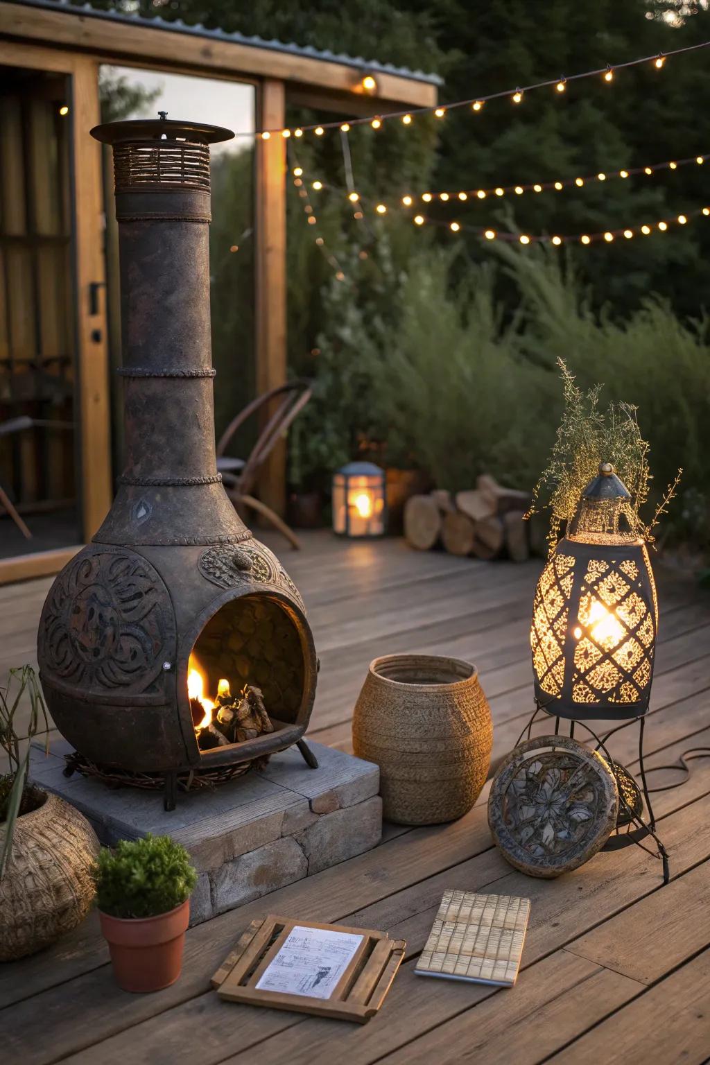 Eco-friendly decor enhancing a chiminea space.