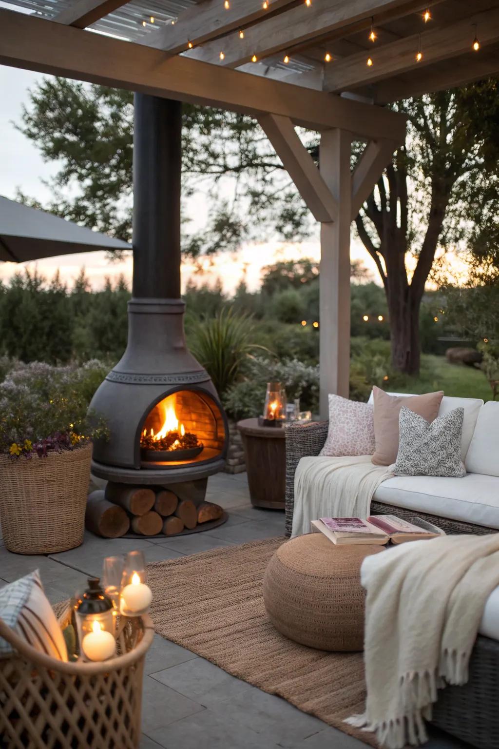 Comfortable seating area created around a chiminea.