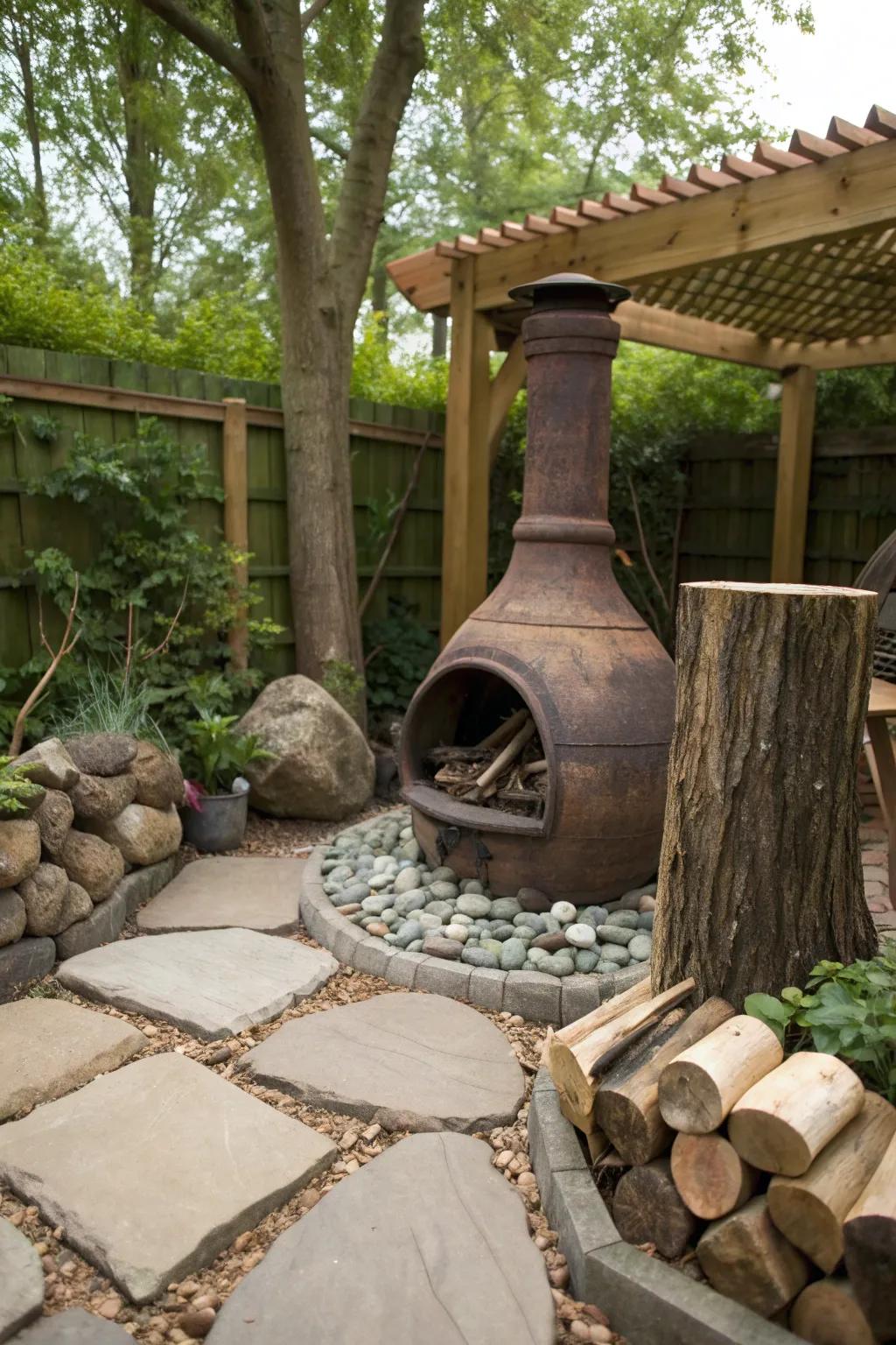 Rustic natural stone and wood accents around a chiminea.