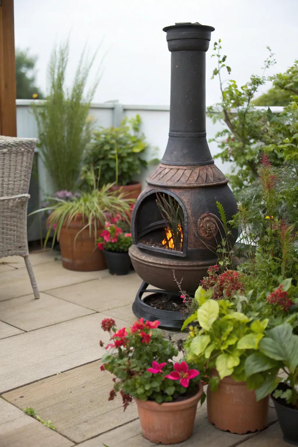 Potted plants enhancing chiminea natural beauty.